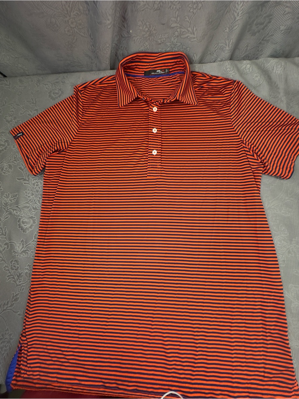 Ralph Lauren RLX Orange Dark Blue Stripe Stretch Four Button Polo - L  47” Chest